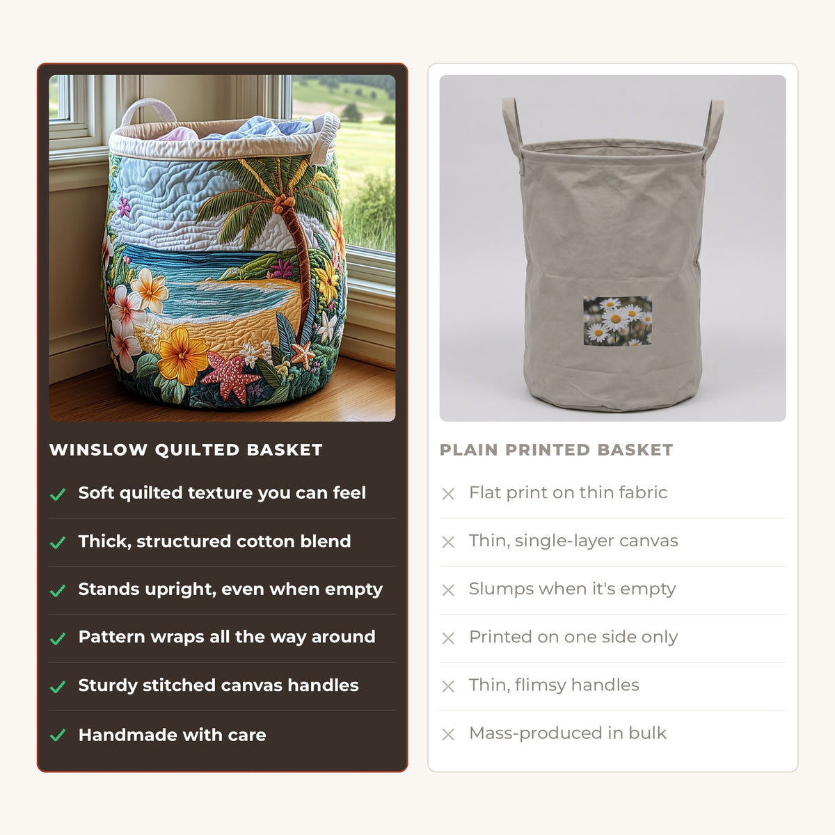 Quilted Laundry Basket - Coastal Charm compared with a plain printed basket