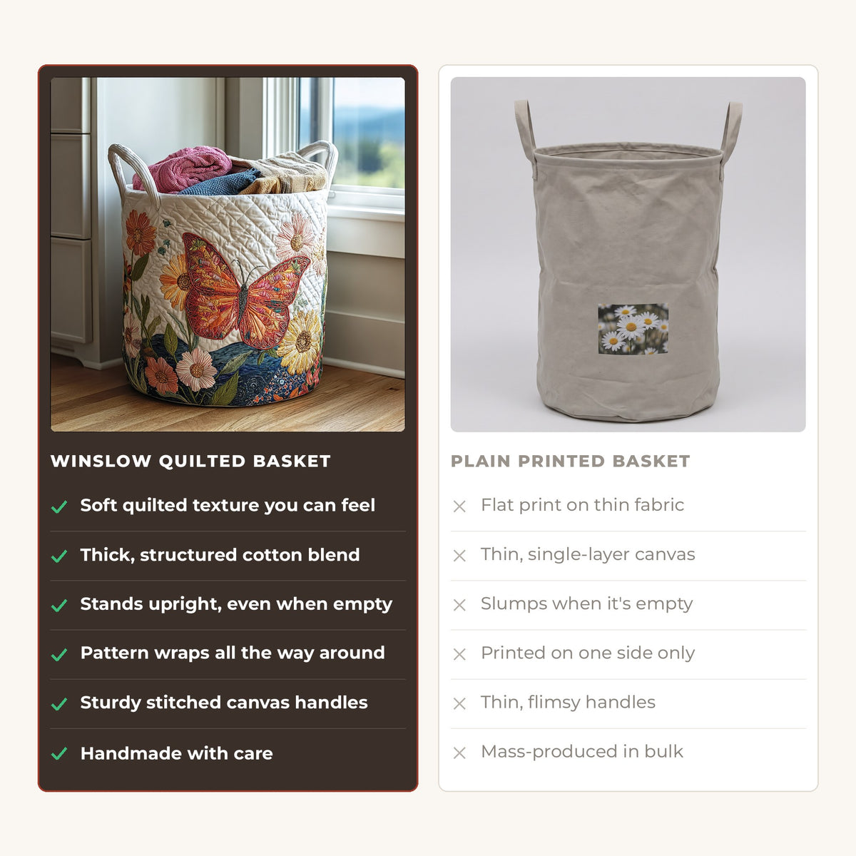 Quilted Laundry Basket - Colorful Beauty compared with a plain printed basket