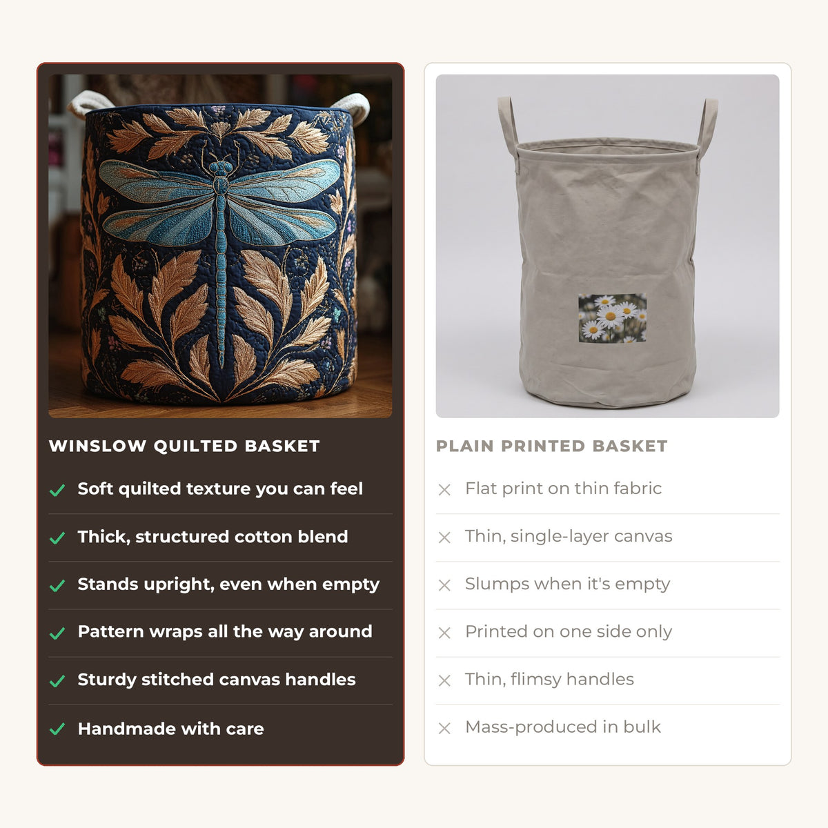 Quilted Laundry Basket - Colorful Dragonfly compared with a plain printed basket