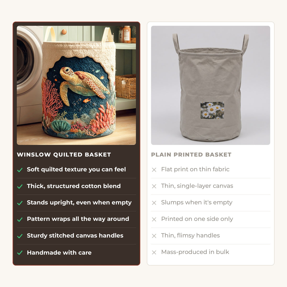 Quilted Laundry Basket - Coral Turtle compared with a plain printed basket