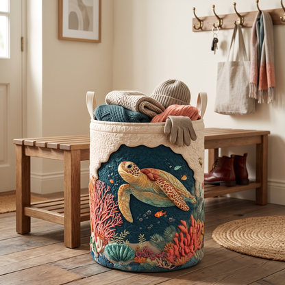 Quilted Laundry Basket - Coral Turtle