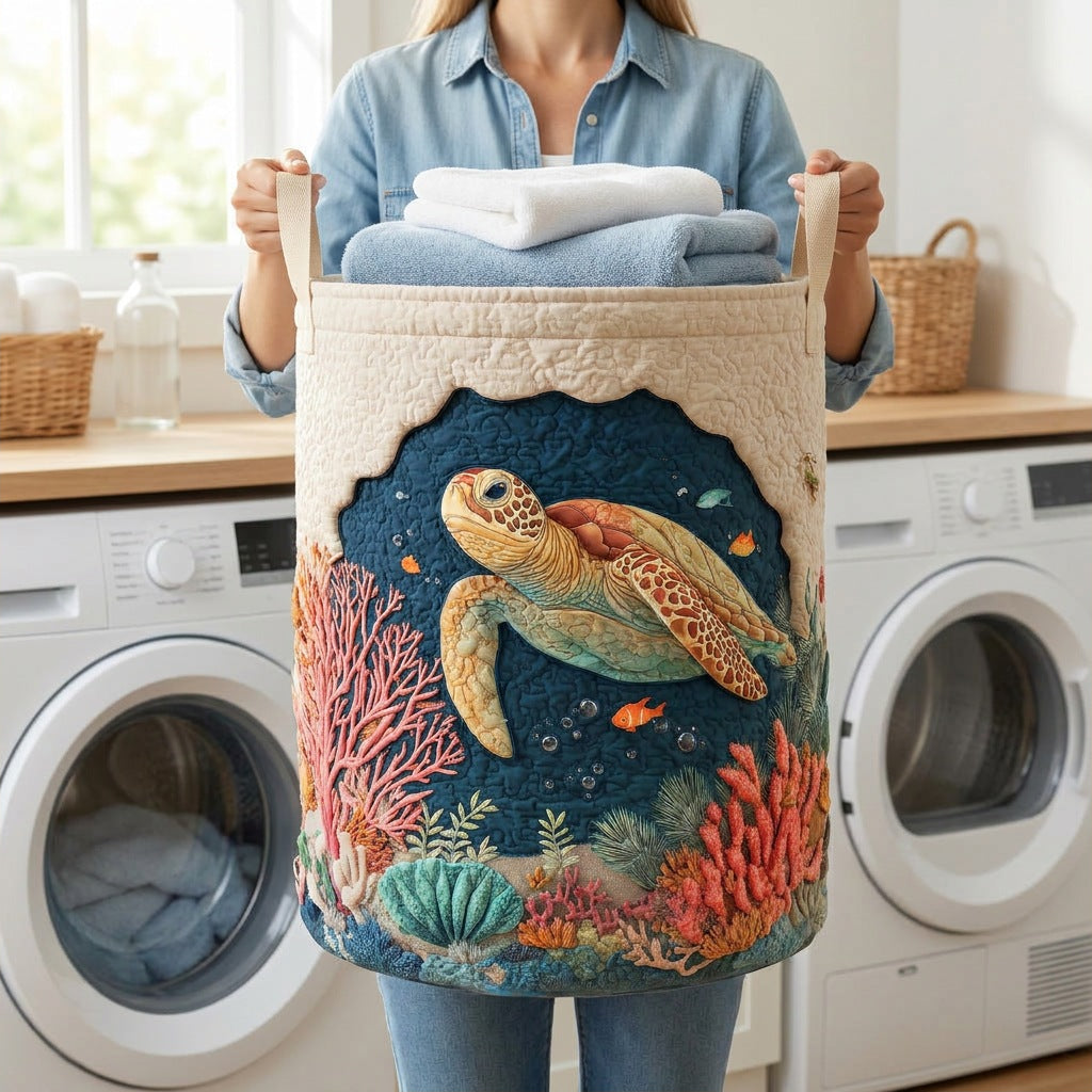 Quilted Laundry Basket - Coral Turtle held in a laundry room, filled with towels