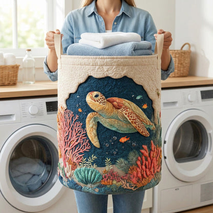 Quilted Laundry Basket - Coral Turtle held in a laundry room, filled with towels