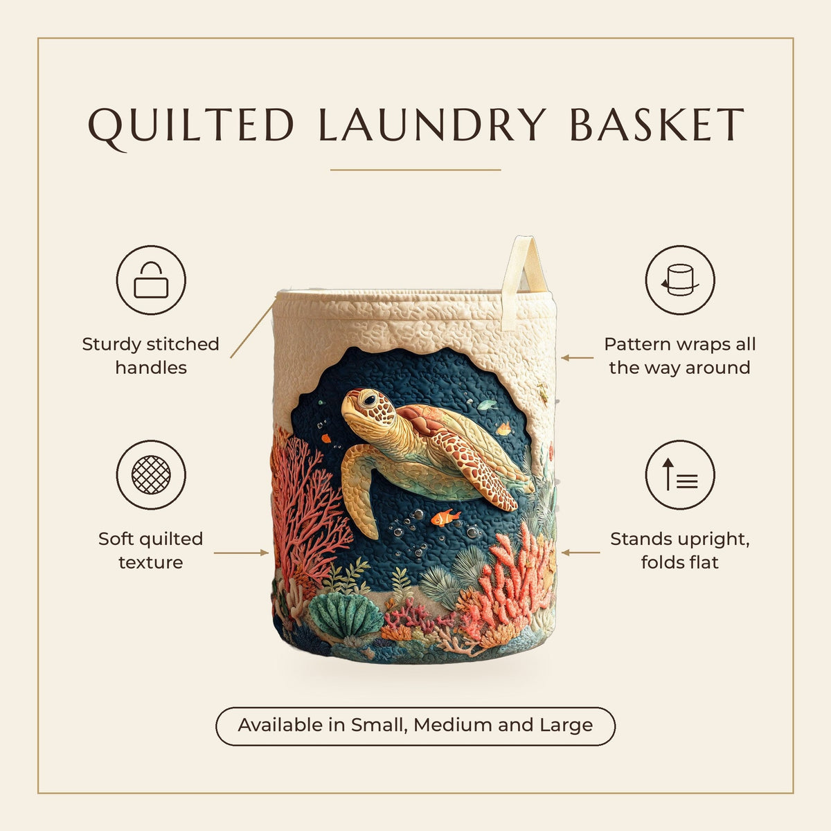 Quilted Laundry Basket - Coral Turtle features infographic