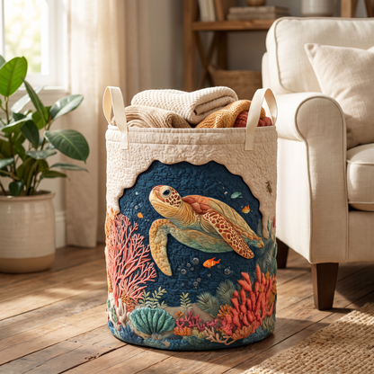 Quilted Laundry Basket - Coral Turtle