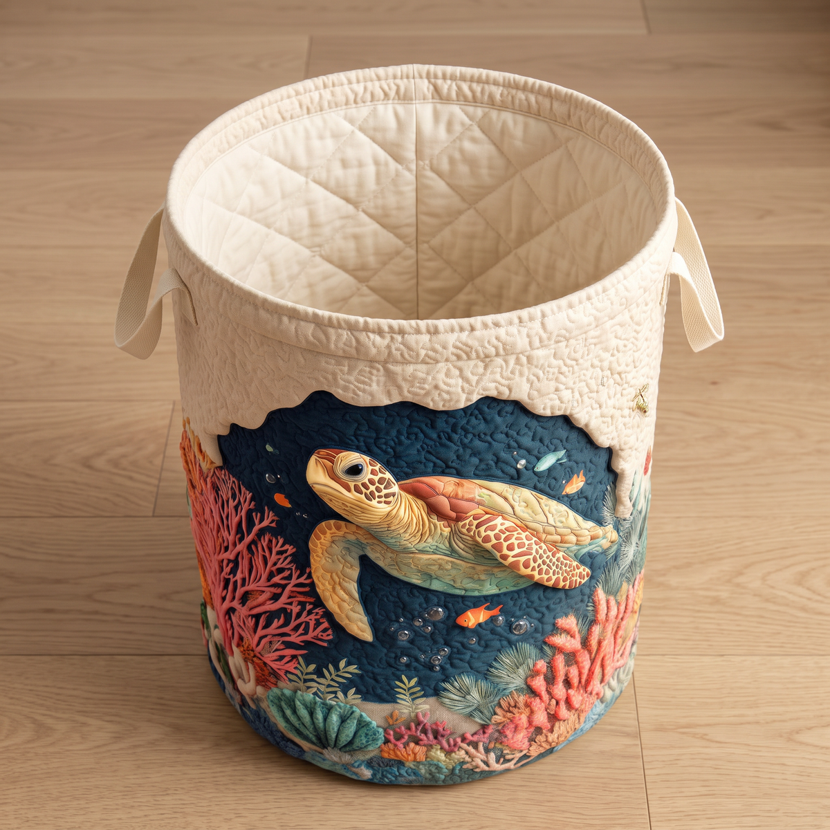 Quilted Laundry Basket - Coral Turtle
