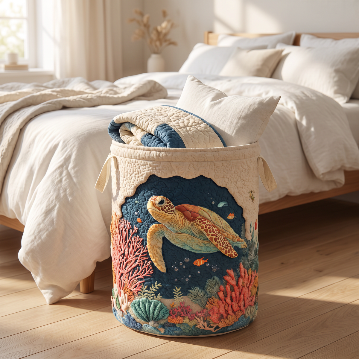 Quilted Laundry Basket - Coral Turtle