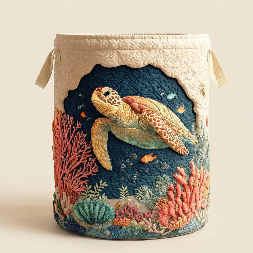 Quilted Laundry Basket - Coral Turtle, studio photo