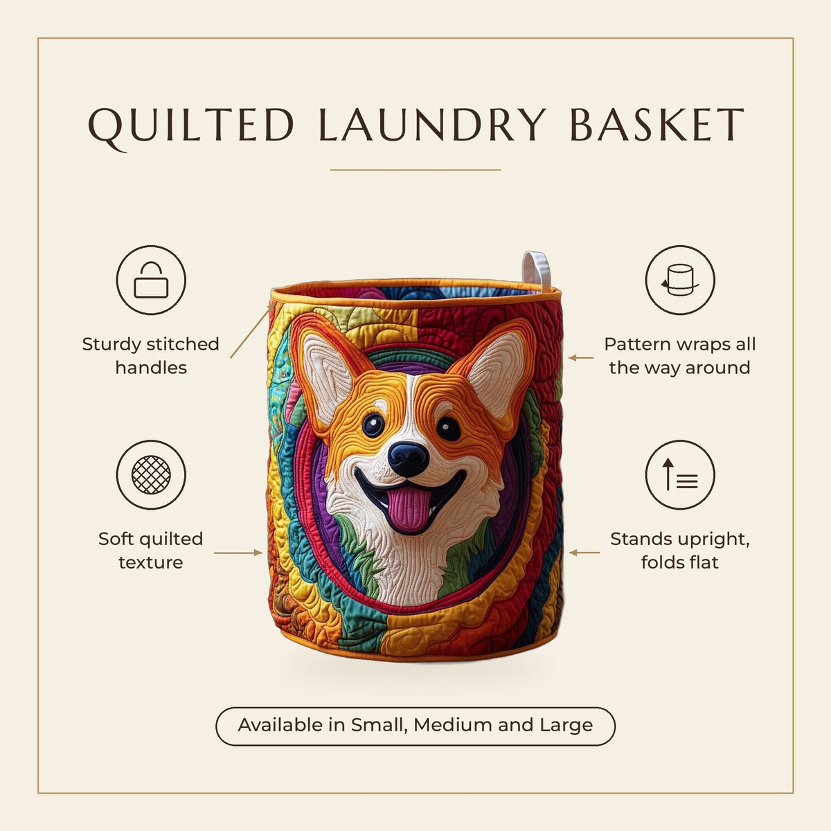 Quilted Laundry Basket - Corgi features infographic