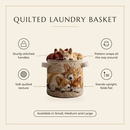 Quilted Laundry Basket - Corgi on Vacation features infographic