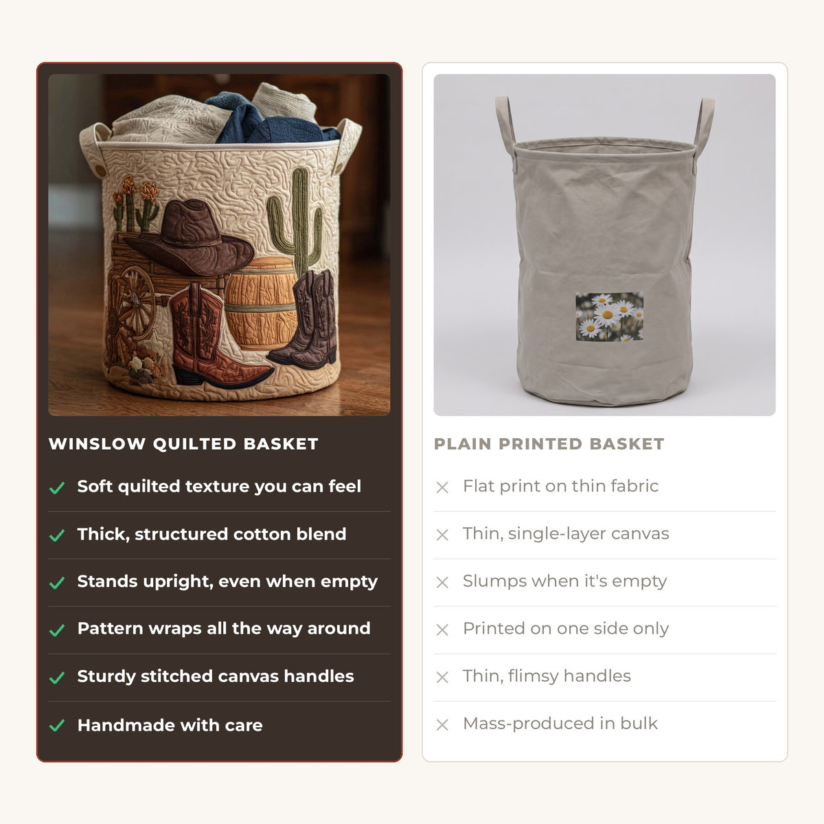 Quilted Laundry Basket - Cowboy Sunset compared with a plain printed basket