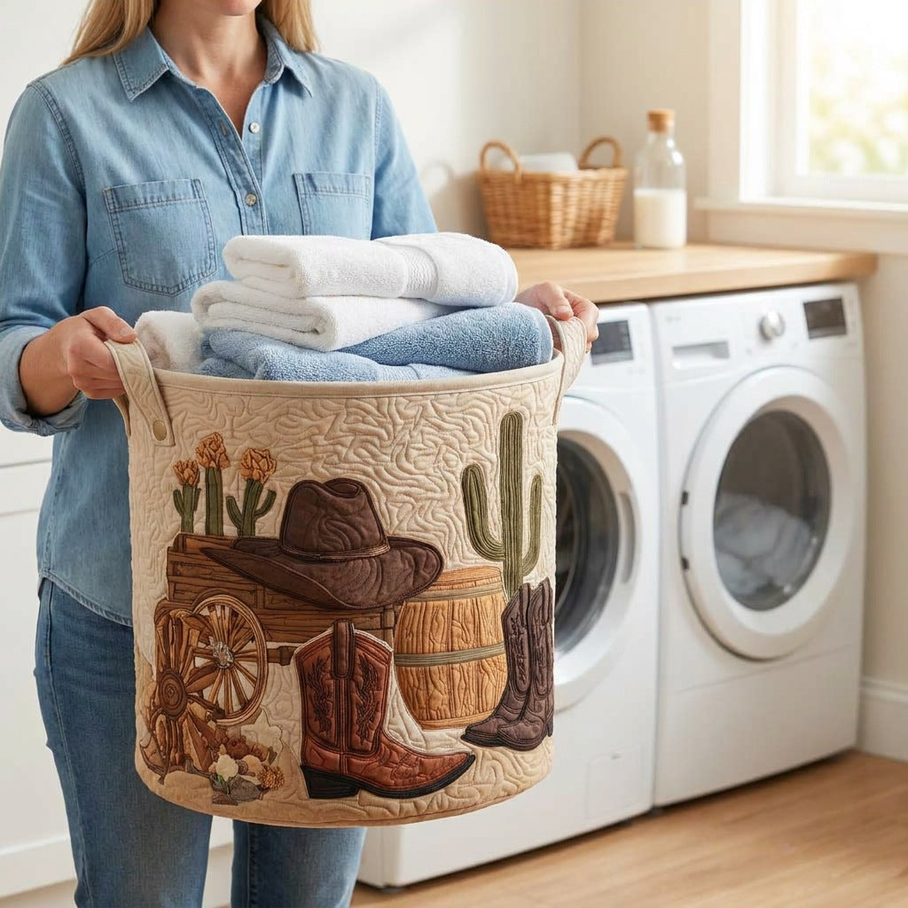 Quilted Laundry Basket - Cowboy Sunset held in a laundry room, filled with towels