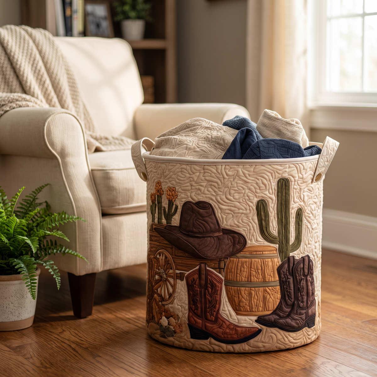 Quilted Laundry Basket - Cowboy Sunset