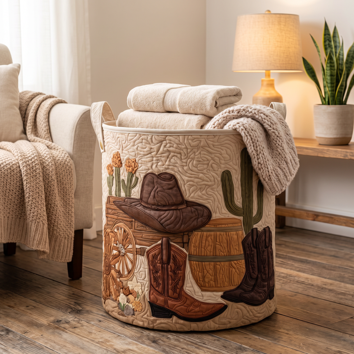Quilted Laundry Basket - Cowboy Sunset
