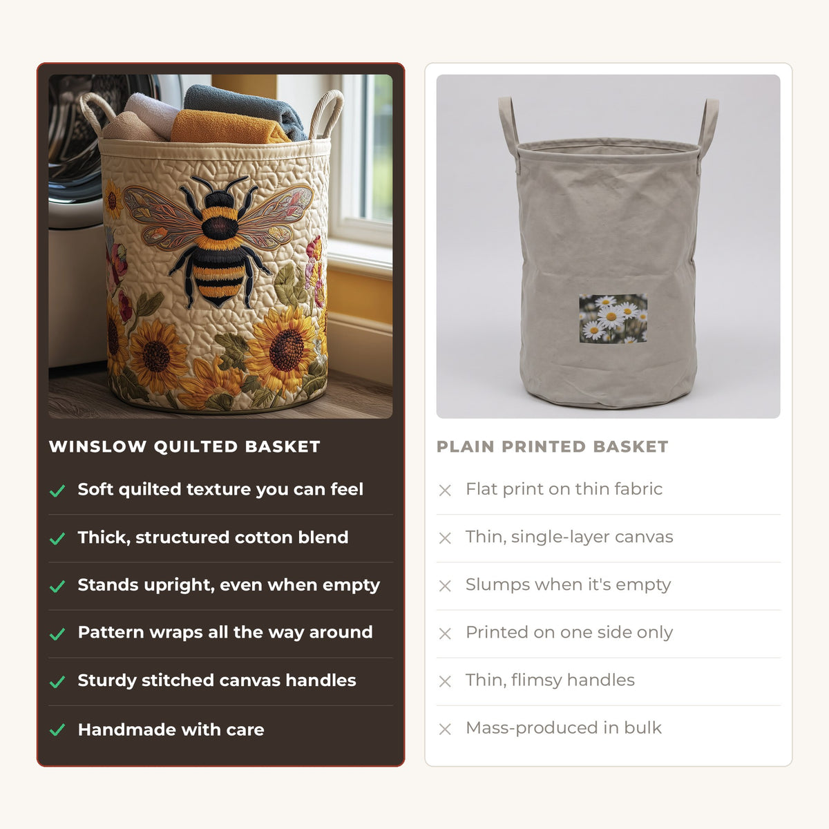 Quilted Laundry Basket - Cozy Bee compared with a plain printed basket