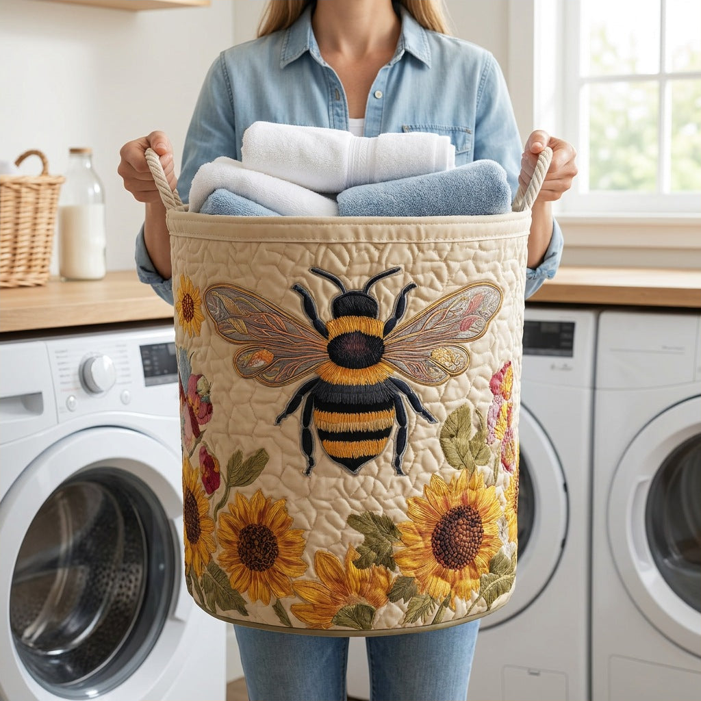 Quilted Laundry Basket - Cozy Bee held in a laundry room, filled with towels
