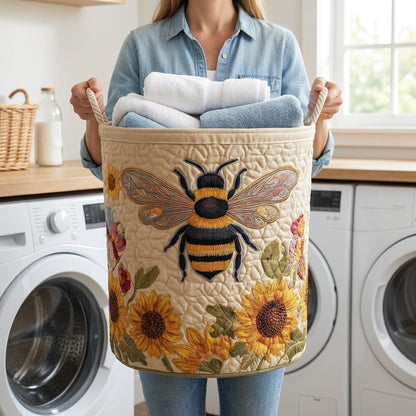 Quilted Laundry Basket - Cozy Bee held in a laundry room, filled with towels
