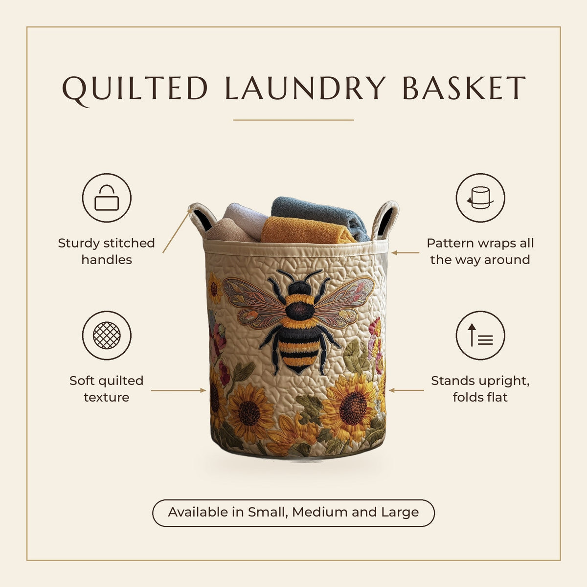 Quilted Laundry Basket - Cozy Bee features infographic