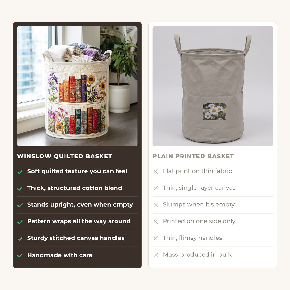 Quilted Laundry Basket - Cozy Cocoon compared with a plain printed basket