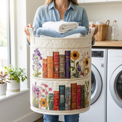 Quilted Laundry Basket - Cozy Cocoon held in a laundry room, filled with towels