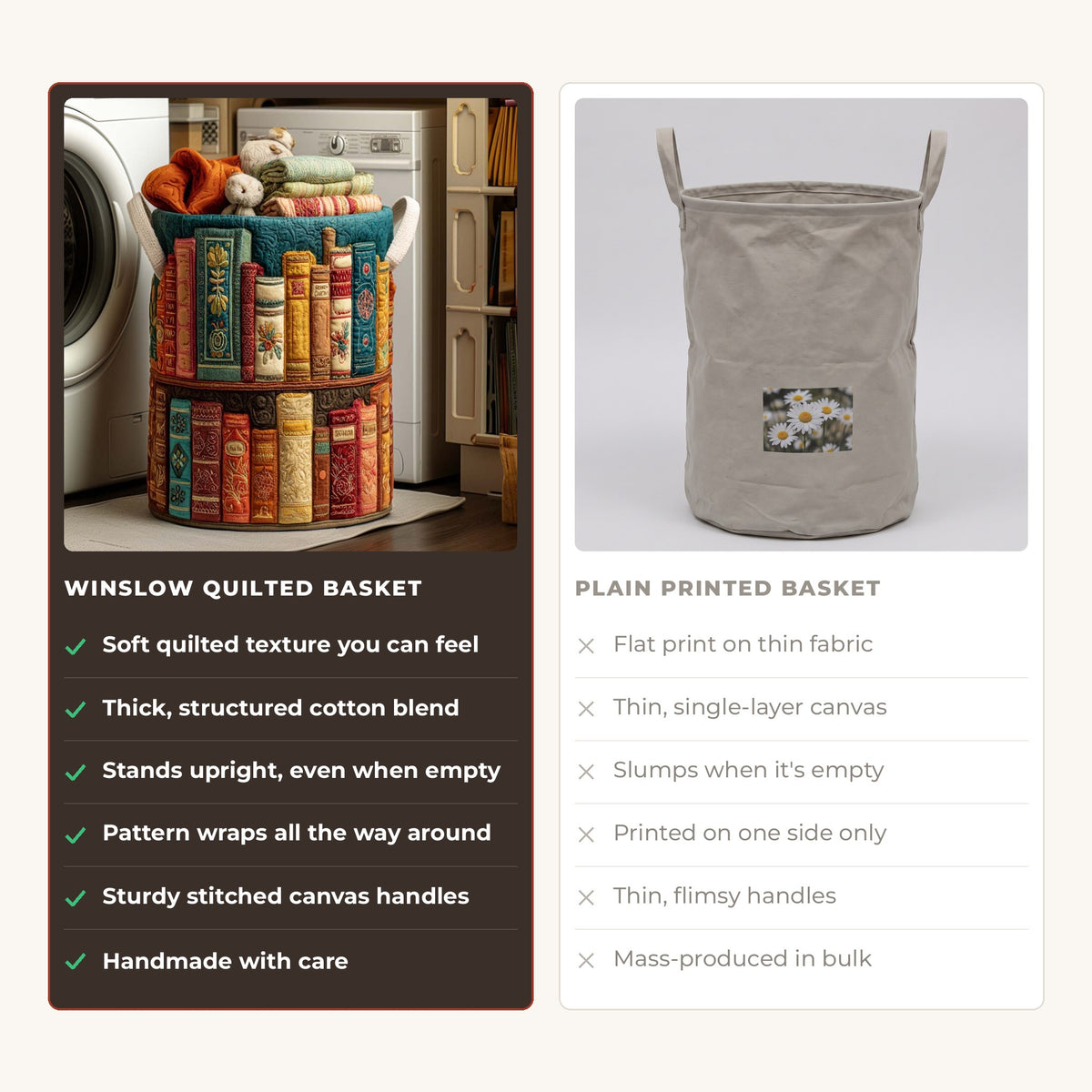Quilted Laundry Basket - Cozy Nest compared with a plain printed basket