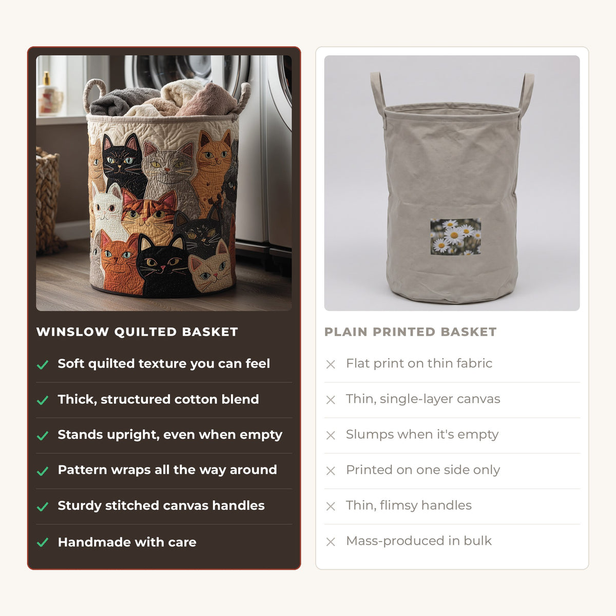 Quilted Laundry Basket - Cozy Purr compared with a plain printed basket
