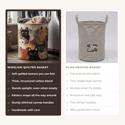 Quilted Laundry Basket - Cozy Purr compared with a plain printed basket