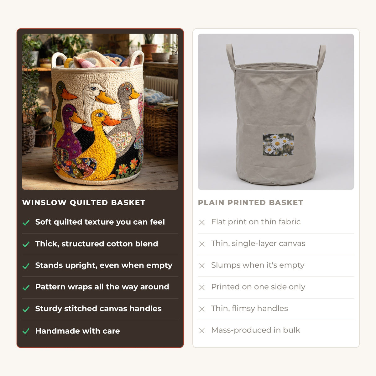 Quilted Laundry Basket - Crazy Duck compared with a plain printed basket