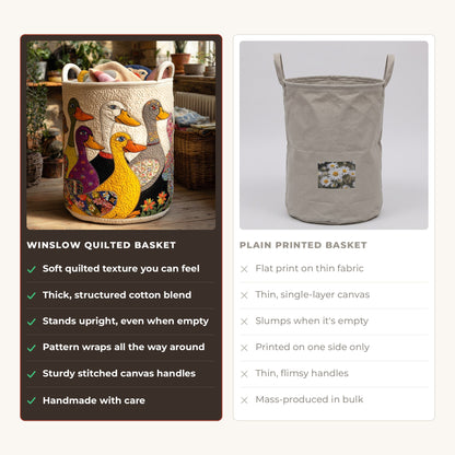 Quilted Laundry Basket - Crazy Duck compared with a plain printed basket