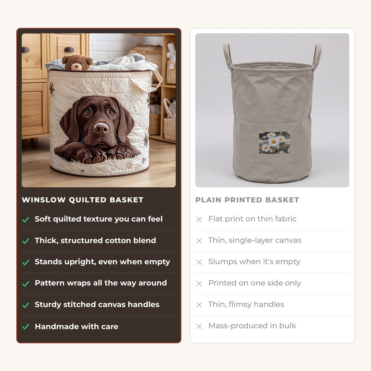 Quilted Laundry Basket - Cuddle Puppy compared with a plain printed basket