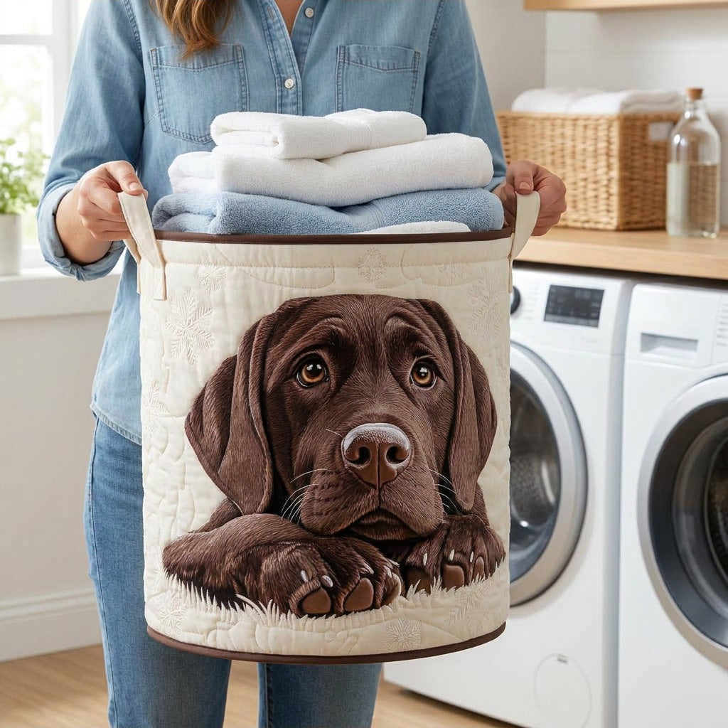 Quilted Laundry Basket - Cuddle Puppy held in a laundry room, filled with towels