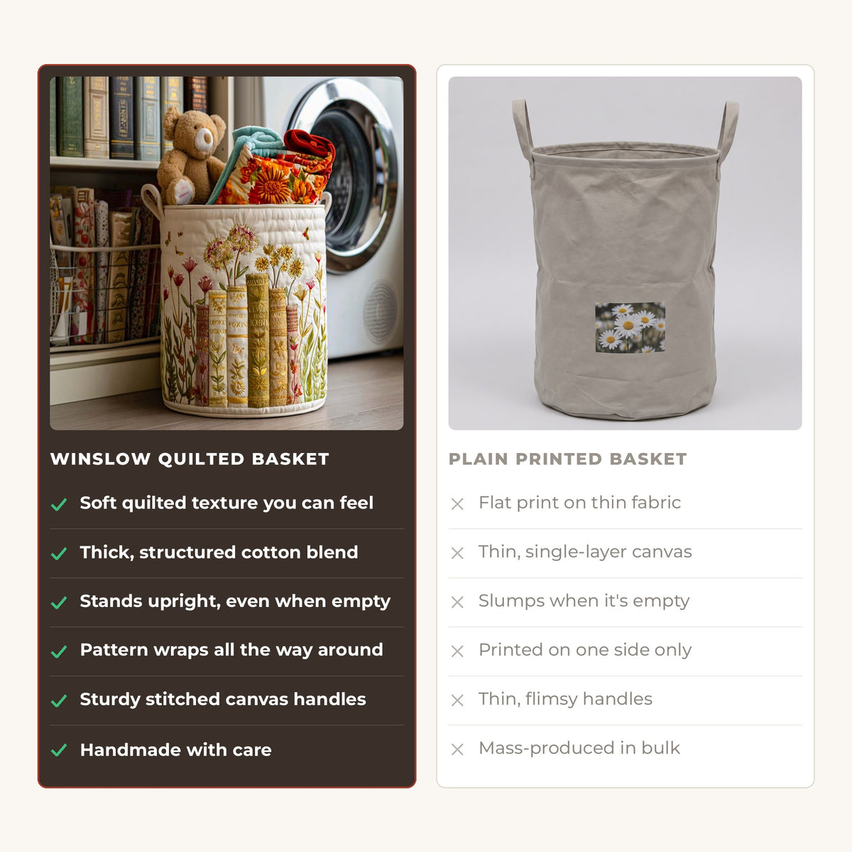 Quilted Laundry Basket - Daily Stories compared with a plain printed basket