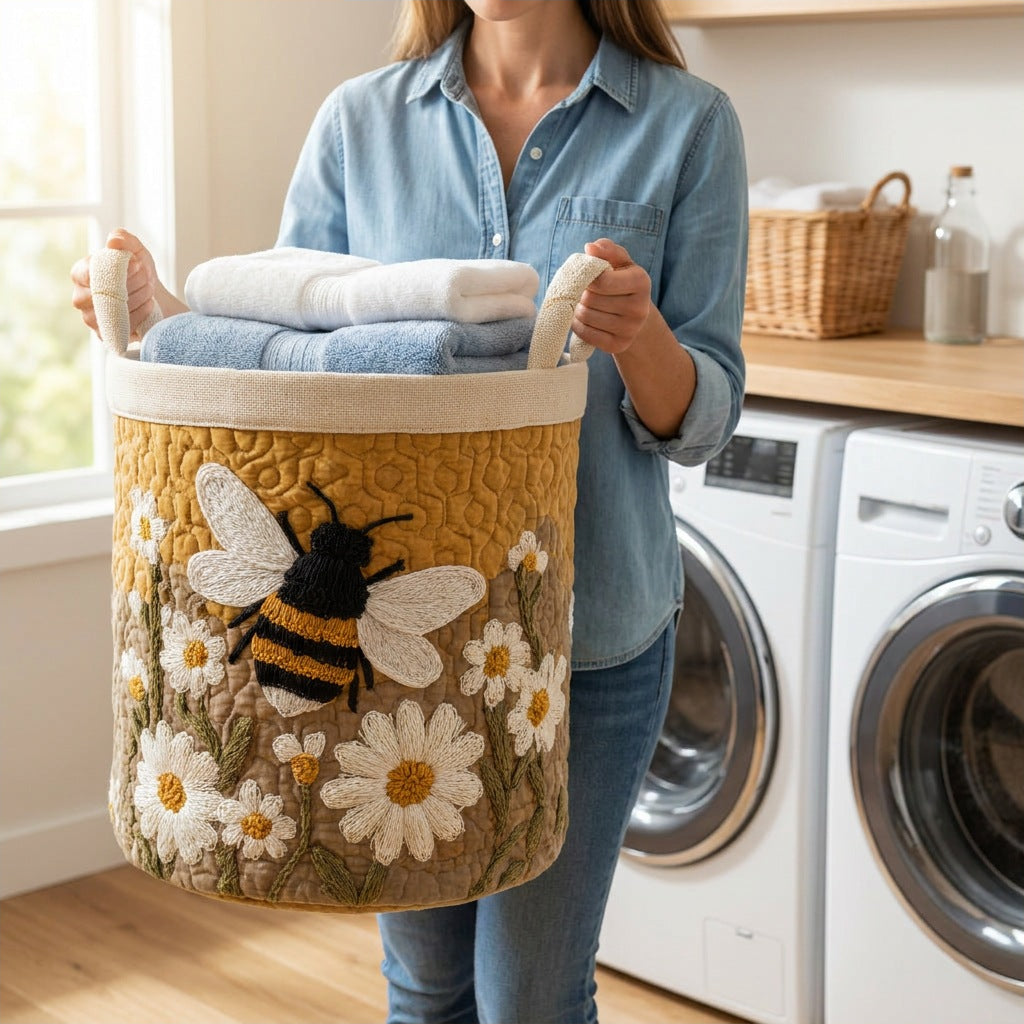 Quilted Laundry Basket - Daisy & Bee held in a laundry room, filled with towels