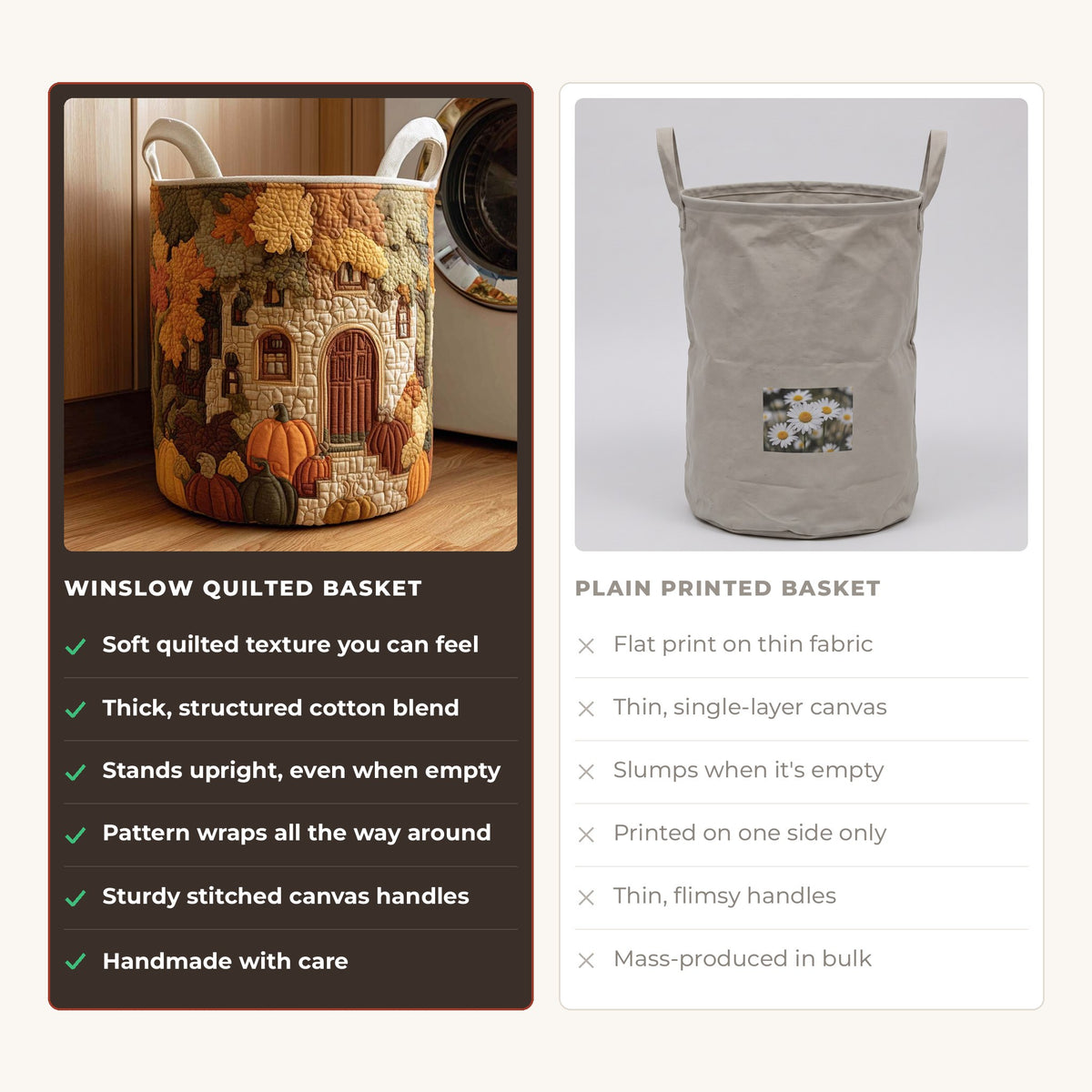 Quilted Laundry Basket - Dancing Autumn Leaves compared with a plain printed basket
