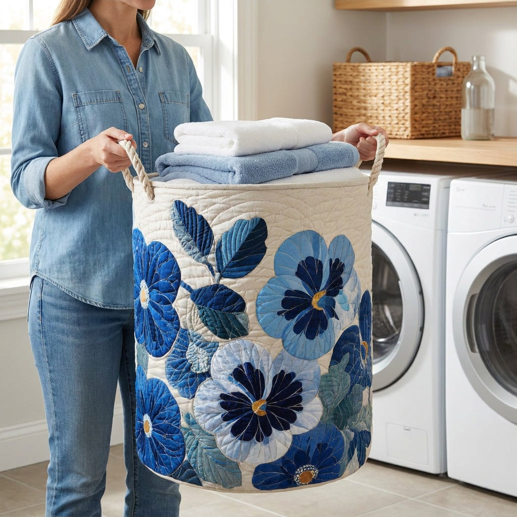 Quilted Laundry Basket - Dandy Dream held in a laundry room, filled with towels