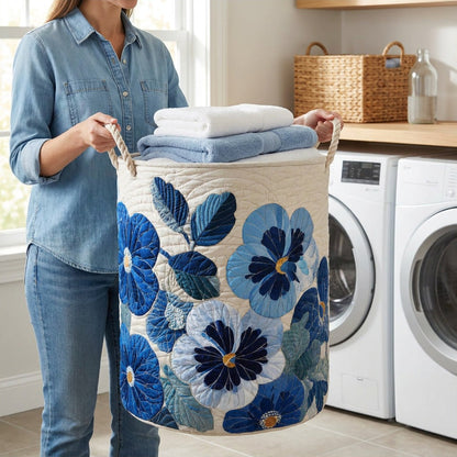 Quilted Laundry Basket - Dandy Dream held in a laundry room, filled with towels
