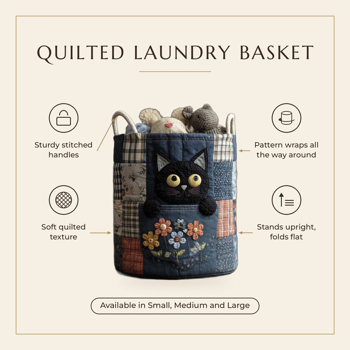 Quilted Laundry Basket - Denim Cat features infographic