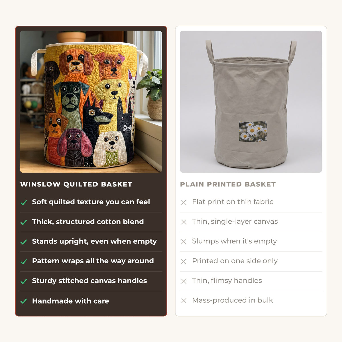 Quilted Laundry Basket - Dog Magic compared with a plain printed basket