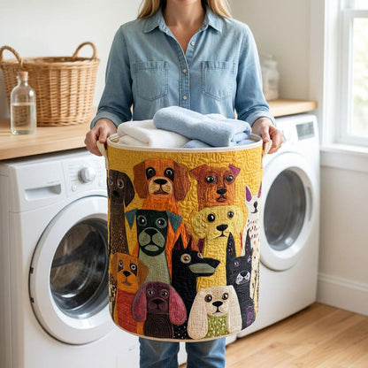 Quilted Laundry Basket - Dog Magic held in a laundry room, filled with towels