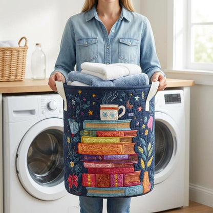 Quilted Laundry Basket - Dreamy Pages held in a laundry room, filled with towels