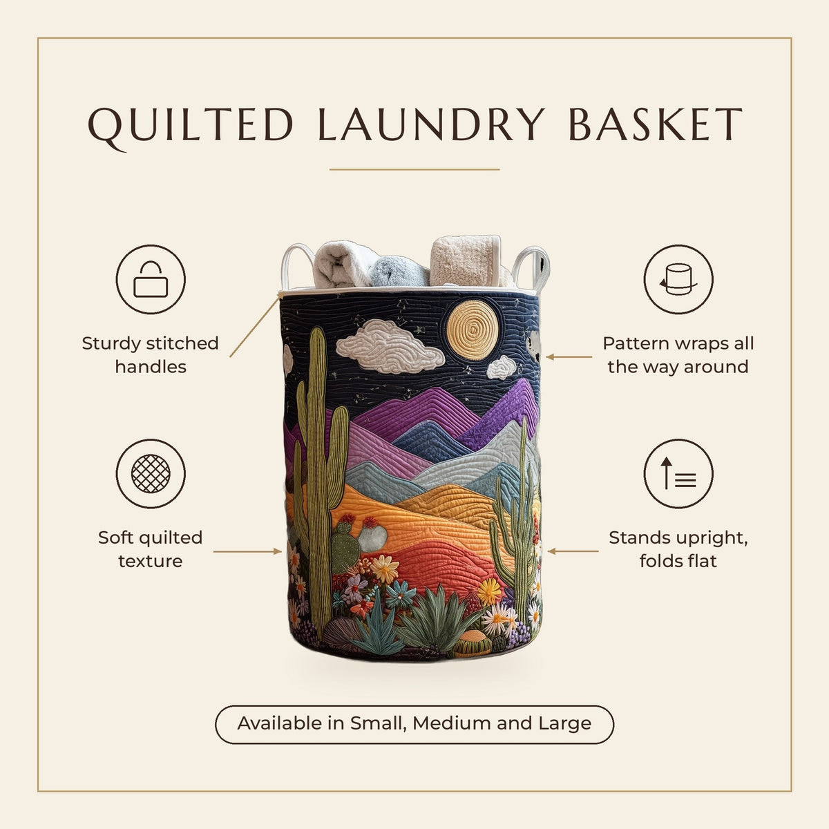 Quilted Laundry Basket - Dunes by Moonlight features infographic