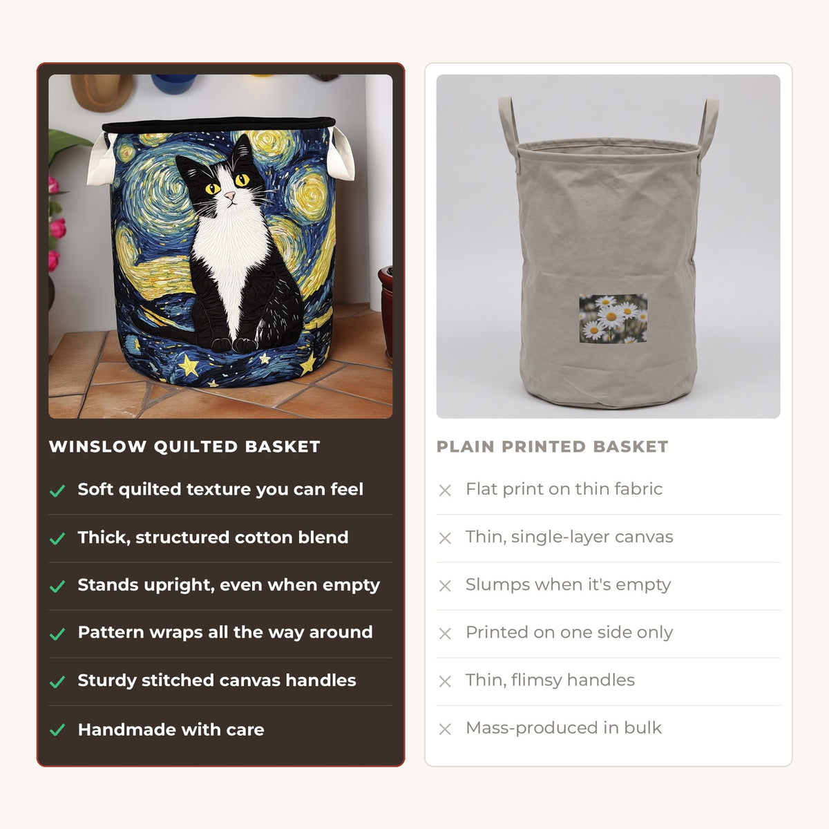 Quilted Laundry Basket - Elegant Feline compared with a plain printed basket