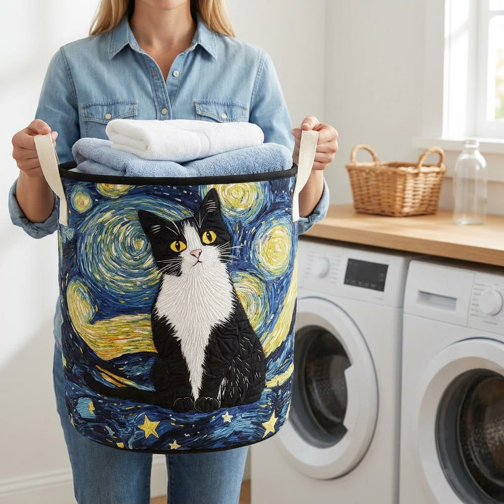 Quilted Laundry Basket - Elegant Feline held in a laundry room, filled with towels