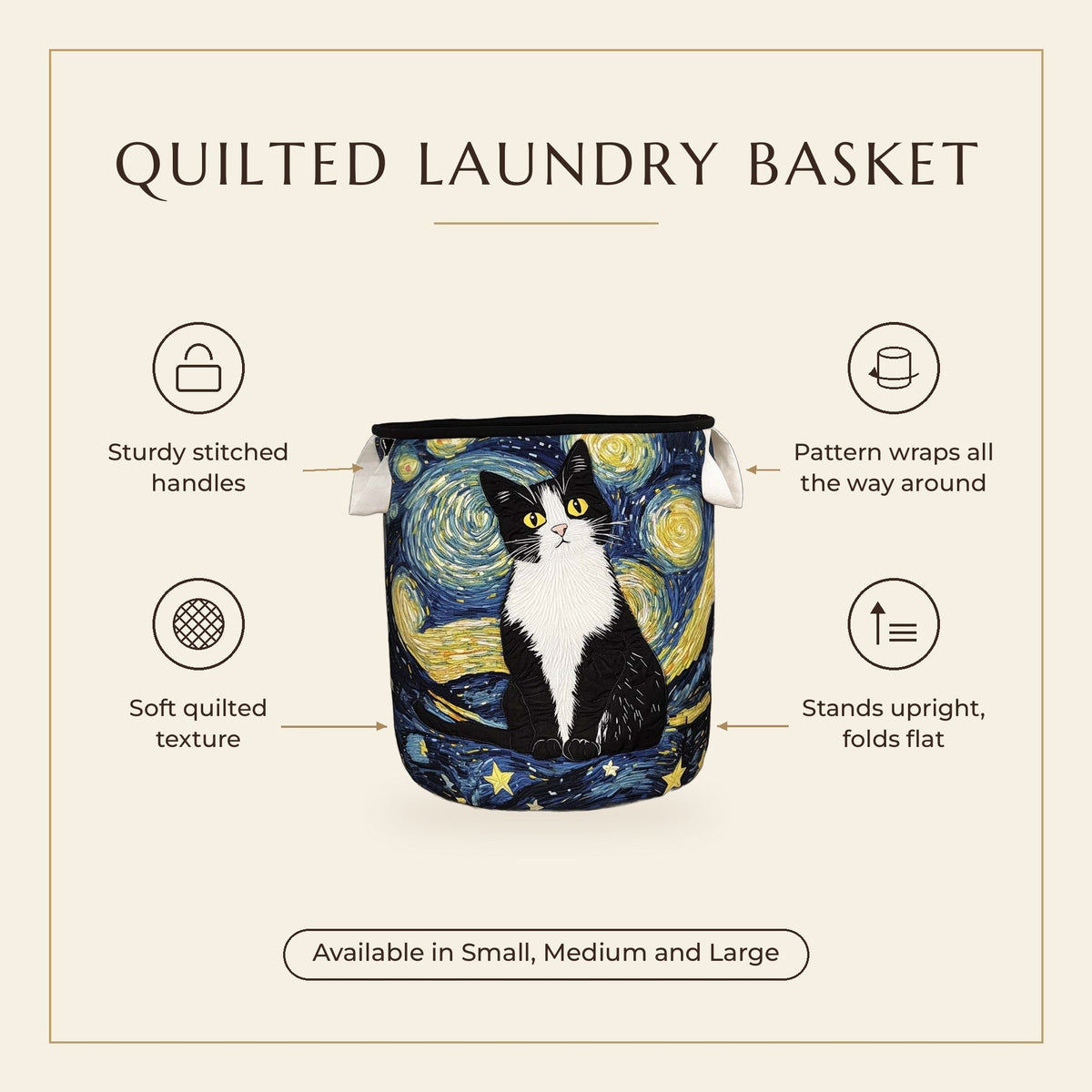 Quilted Laundry Basket - Elegant Feline features infographic