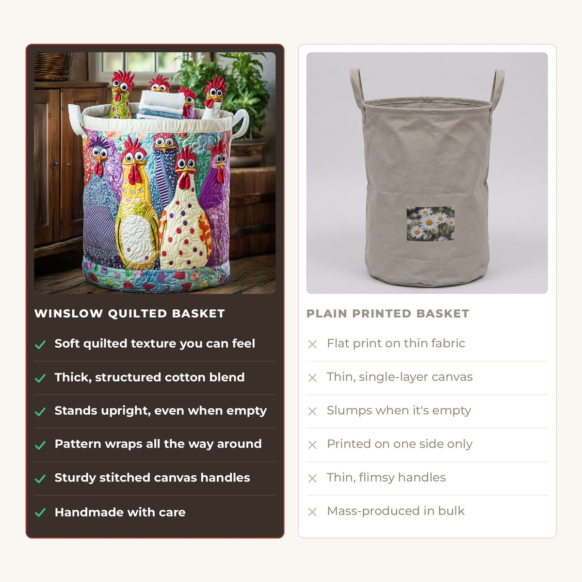 Quilted Laundry Basket - Fancy Hen compared with a plain printed basket