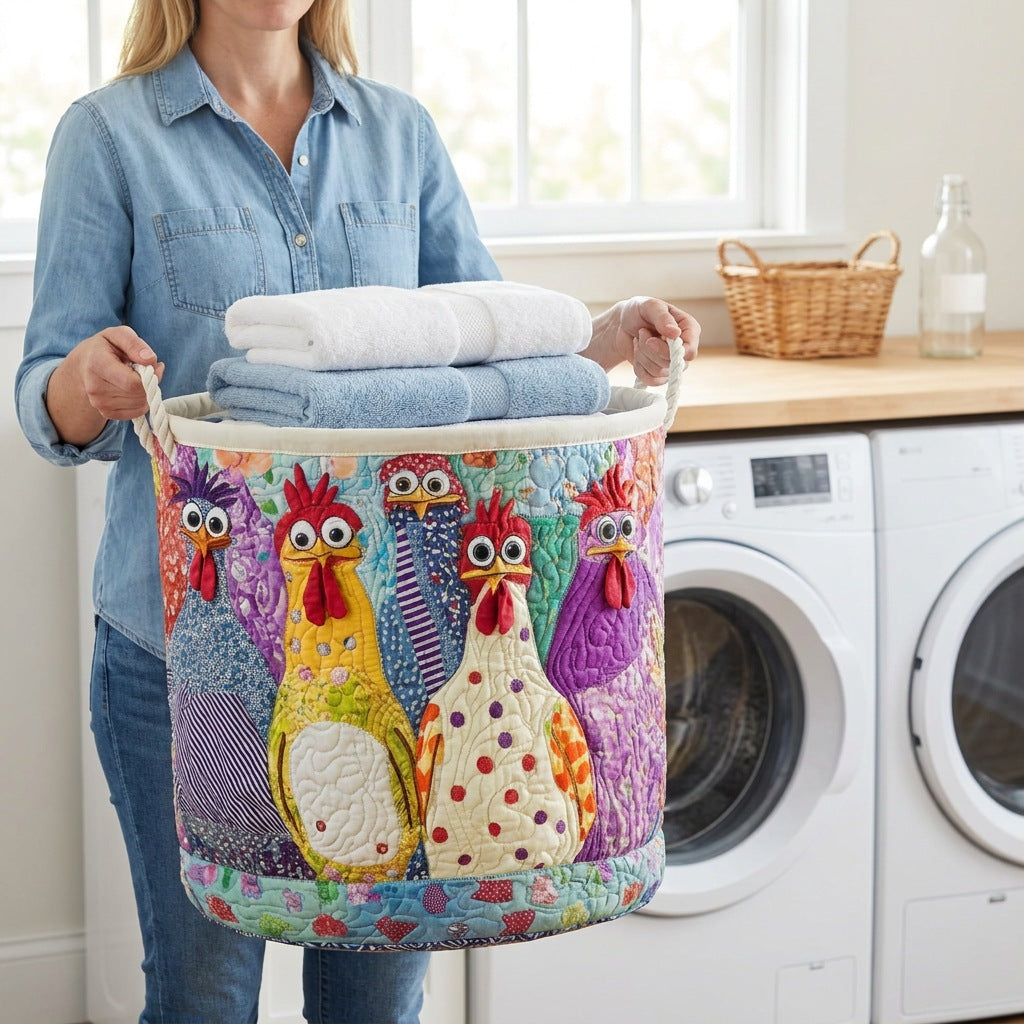 Quilted Laundry Basket - Fancy Hen held in a laundry room, filled with towels