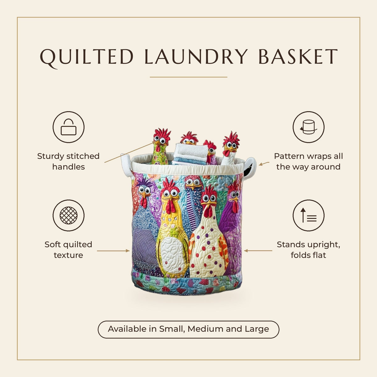 Quilted Laundry Basket - Fancy Hen features infographic