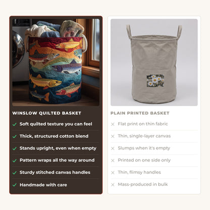 Quilted Laundry Basket - Fantasy Trout compared with a plain printed basket