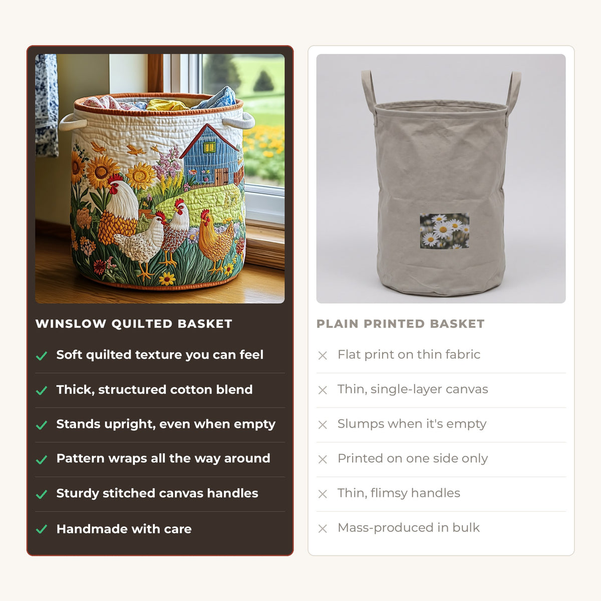 Quilted Laundry Basket - Farmhouse compared with a plain printed basket