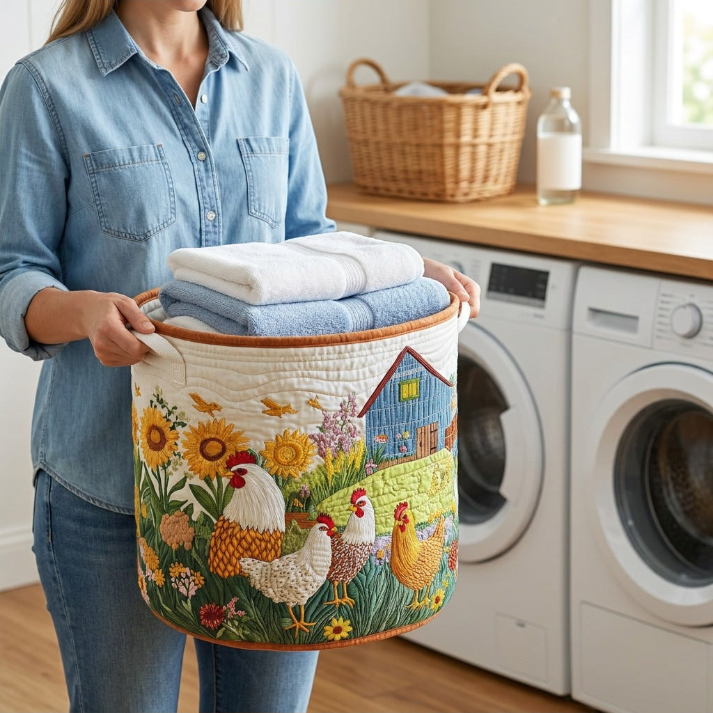 Quilted Laundry Basket - Farmhouse held in a laundry room, filled with towels